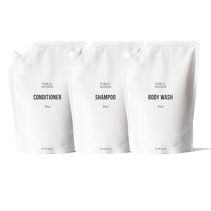 Public Goods Shower Essentials for Men and Women | Natural Shampoo, Conditioner & Body Wash | Made with Organic Essential Oils | Sulfate & Paraben Free | Vegan Friendly | 34 Fl Oz Refill