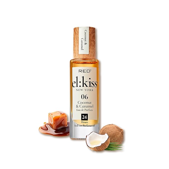 EL:KISS Roll On Perfume, Coconut & Caramel Eau de Parfum 12mL (.40 Fl Oz), Hydrating & Long-Lasting, Alcohol-Free & Mineral Oil-Free, Infused with Jojoba, Argan & Coconut Oil