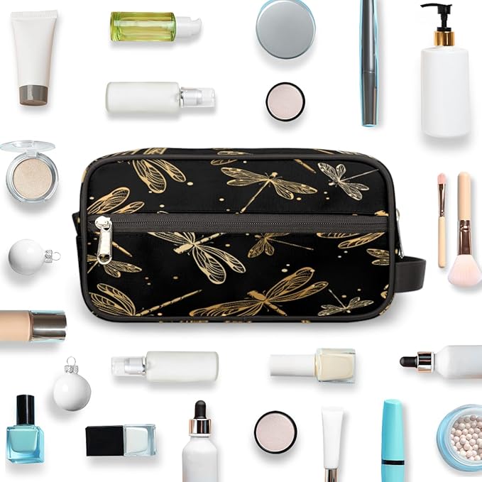 Vintage Animal Gold Dragonfly Travel Toiletry Bag for Women Men Lightweight Cosmetic Makeup Bag Organizer Waterproof Shaving Bag Dopp Kit with Large Capacity for Toiletries and Shaving Accessories