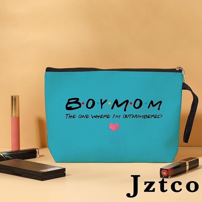 Jztco Boy Mama Makeup Bag, Baby Shower Gifts for Mom First Time, Christmas Birthday Unique Cosmetic Bag Funny Mothers Day, New Mom Gifts - Boy Mama The One Where I'm Outnumbered, Blue