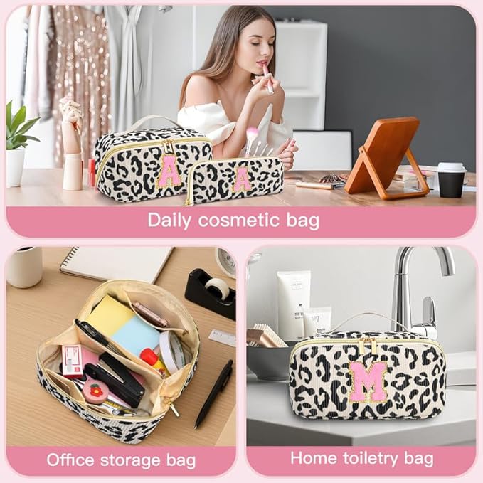 Personalized Travel Makeup Bag Set,Initial Travel Cute Leopard Makeup Organizer Bag,Toiletry Skincare Cosmetic Bag,Christmas Gifts for Women/Girls,Open Flat Toiletry Pouch with Brush Pocket-V