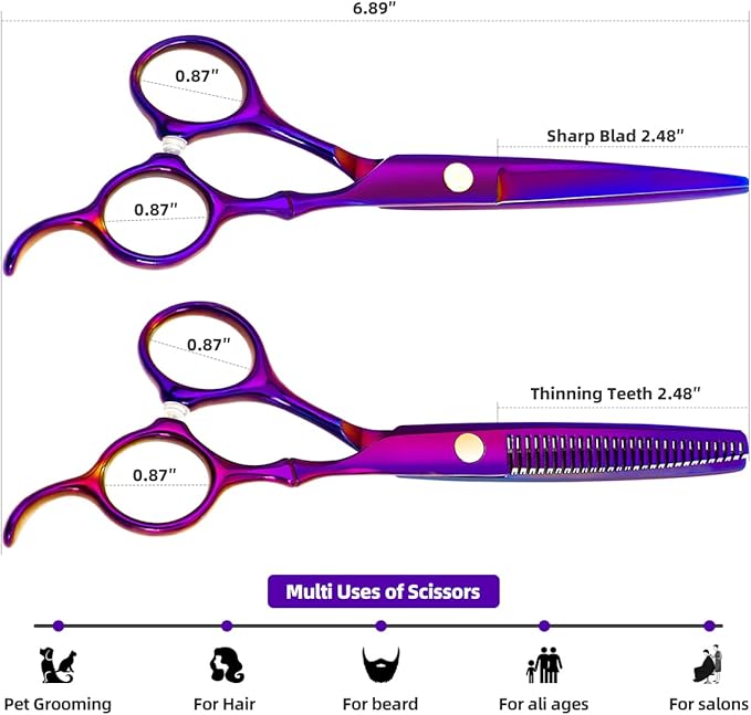 Professional Hair Cutting Scissors Sets Stainless Steel Barber Hairdressing Scissors Multifunctional Salon Thinning Scissors Straight Shears Tools Gifts for Mom Dad Friends (Purple)