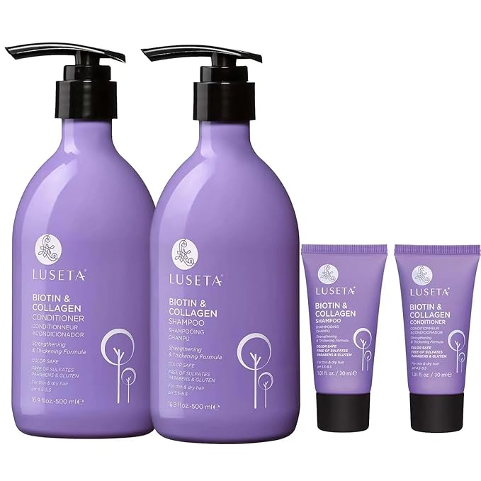 Luseta Biotin Shampoo and Conditioner Set with Argan Oil for Damaged Hair Repair, Growth and Thickening - Full Size and Travel Size (2x16.9 oz + 2x1.01 oz)