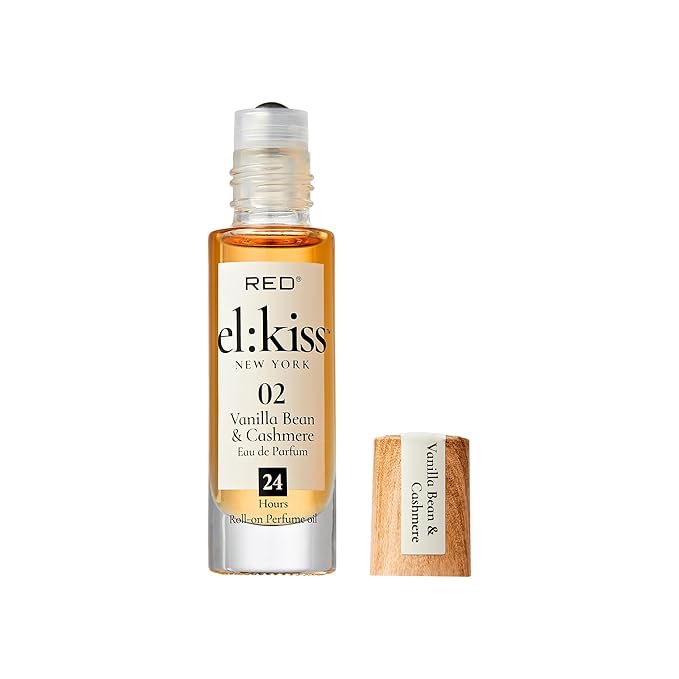 EL:KISS Roll On Perfume, Vanilla Bean & Cashmere Eau de Parfum 12mL (.40 Fl Oz), Hydrating & Long-Lasting, Alcohol-Free & Mineral Oil-Free, Infused with Jojoba, Argan & Coconut Oil