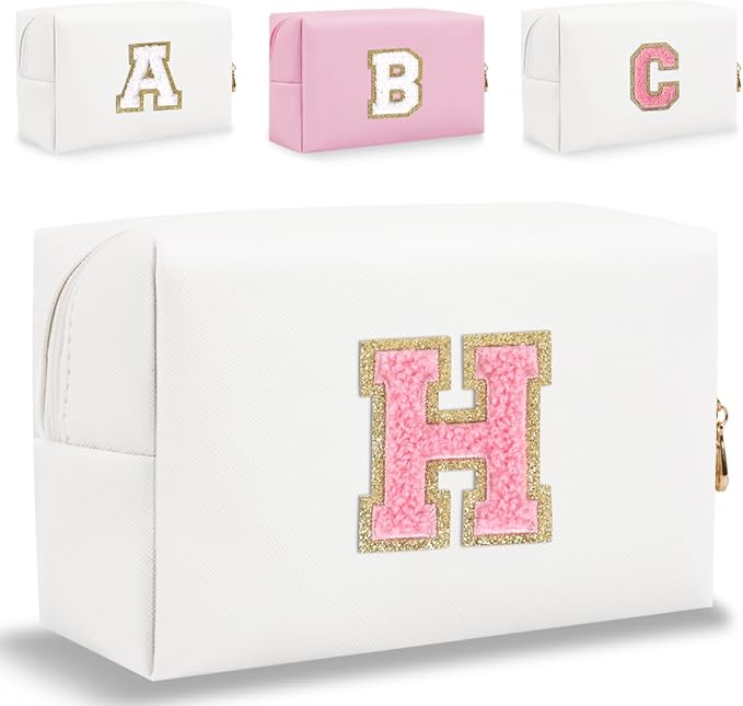 Small Personalized Letter Makeup Bag, Cute PU Leather Chenille Letters Cosmetic Bag Travel Makeup Pouch, Preppy Travel Organizer Zipper Pouch for Women&Girls（WhitePink-H）