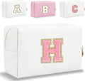 Small Personalized Letter Makeup Bag, Cute PU Leather Chenille Letters Cosmetic Bag Travel Makeup Pouch, Preppy Travel Organizer Zipper Pouch for Women&Girls（WhitePink-H）