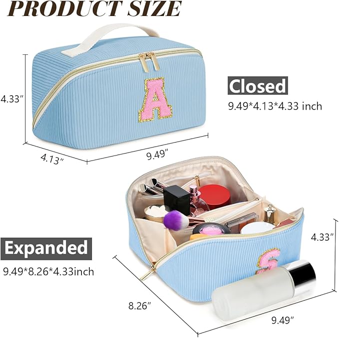 Personalized Initial Makeup Bag,Christmas Gifts for Girl,Preppy Bag Cosmetic Travel Bag Women,Travel Toiletry Organizer,Large Capacity Corduroy Stuff Bag,Cute Cosmetic Pouch Skincare Bag-T