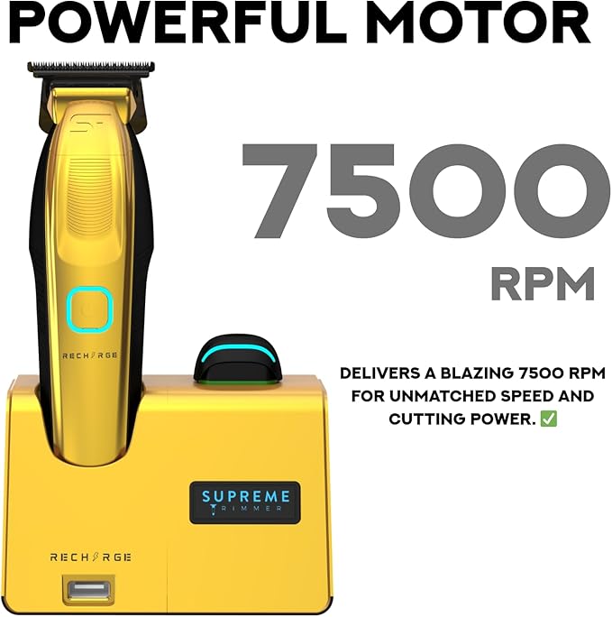 Supreme Trimmer Recharge ST777 – Professional Barber Trimmer with 2 Removable Batteries | 8000 RPM Motor, Zero Gap DLC Blades, Smart Charging Dock, USB-C Fast Charge