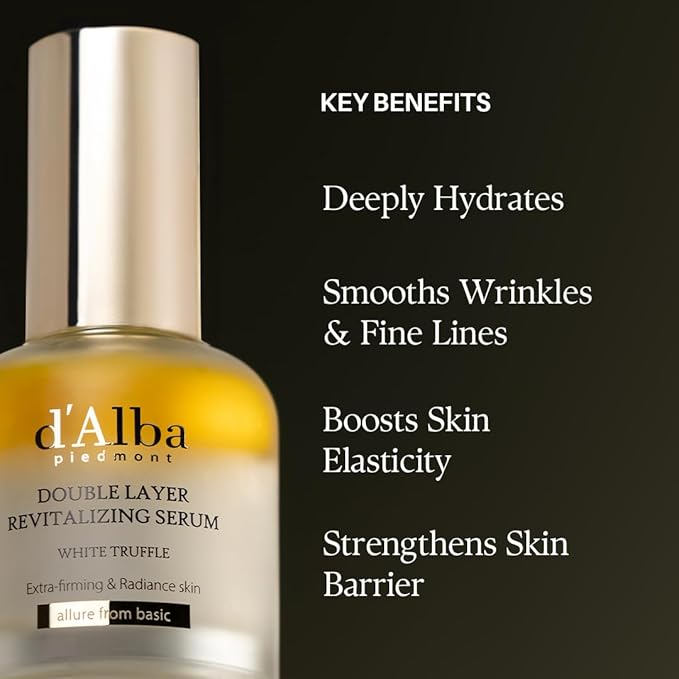 d'alba Piedmont Italian White Truffle Double Layer Revitalizing Serum (1.01 fl.oz), 100hr Hydration, Hyaluronic Acid and Centella Asiatica, Skin Firming and Tightening, Long-lasting Korean Skin Care