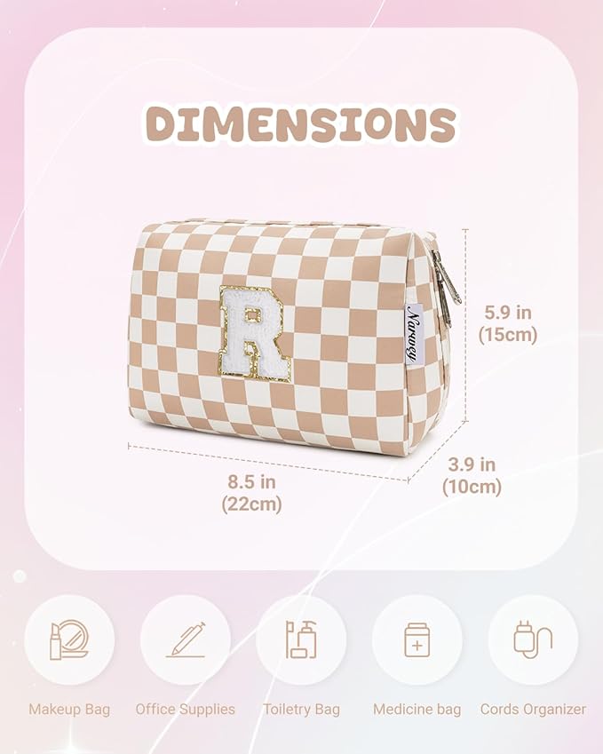 Narwey Birthday Gifts for Women Teen Girls Kids Personalized Initial Checkered Makeup Bag Cute Cosmetic Bag Trendy Stuff 6 8 10 11 12 13 14 16 18 Years Old Travel Toiletry Bag (Brown Letter R)