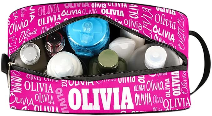 Personalized Travel Cosmetic Bag Waterproof Makeup Bags, Custom Name Rosy Pink Organizer Case Toiletries Container Bag