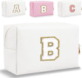 Small Personalized Letter Makeup Bag, Cute PU Leather Chenille Letters Cosmetic Bag Travel Makeup Pouch, Preppy Travel Organizer Zipper Pouch for Women&Girls（White-B）