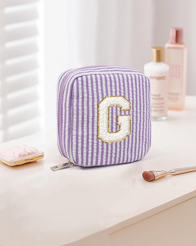 Birthday Gifts for Women - Personalized Cute Purple Initial Cosmetic Makeup Pouch Make Up Toiletry Bag for Her Mom Teacher Friend Girlfriend Wife Teacher's Day Gifts 21st Birthday Giftss
