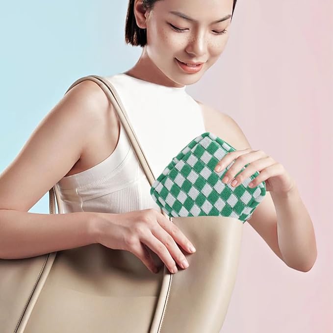 2 Pieces Makeup Bag Set, Small Checkered Cosmetic Bag Travel Toiletry Organizer Mini Green Cosmetic Pouch Case Makeup Brushes Quilted Aesthetic Accessories Storage Bag for Women (Large+Mini Green)