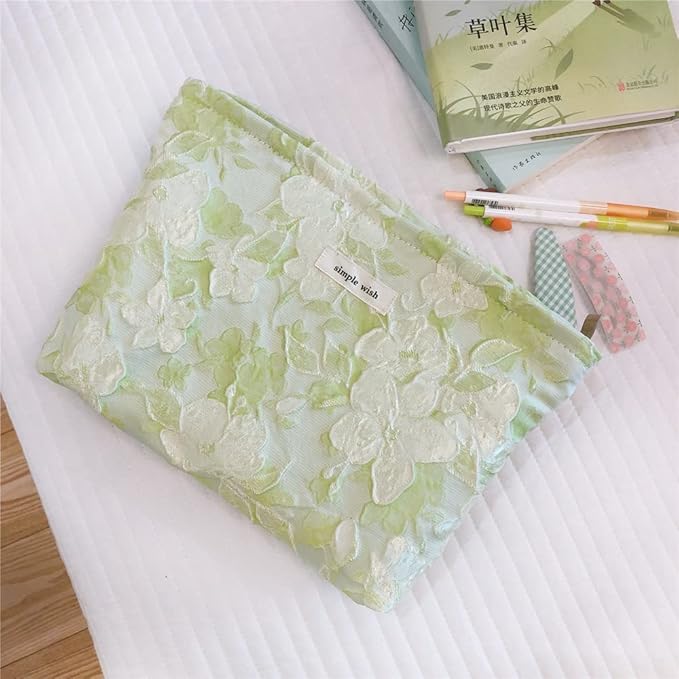 STARDW Aesthetic Floral Makeup Bag Cute Small Cosmetic Bags for Women Girls, Travel Toiletry Bag Large Capacity Zipper Makeup Pouch, Purse Organizer Pouches (Embossed green)