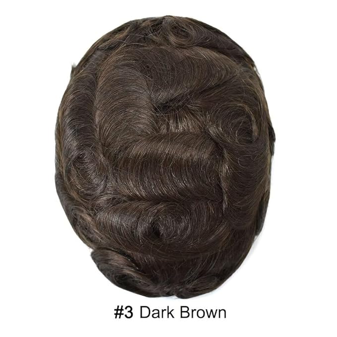FACE MIRACLE Hair System for Men French Lace Mens Toupee Human Hair Replacement System Lace with PU Toupee for Men Male Hair Piece Wigs 6"X8" 3# DARK BROWN