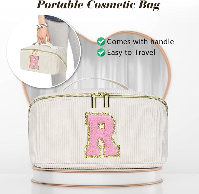 Personalized Initial Makeup Bag,Christmas Gifts for Girl,Preppy Bag Cosmetic Travel Bag Women,Travel Toiletry Organizer,Large Capacity Corduroy Stuff Bag,Cute Cosmetic Pouch Skincare Bag-P