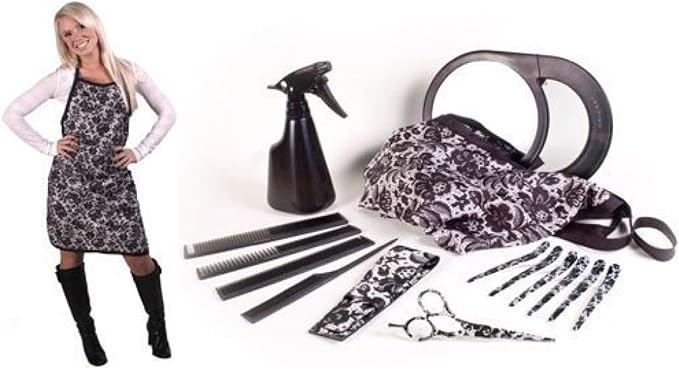 Cricket Limited Edition Black Lace Collection Professional Stylist Kit with 5.5” Beveled Edge Haircutting Shear, Carbon Combs 4 PK, Stylist Apron, Hair Clips, Mirror, Shear Sheath and H2O Spray
