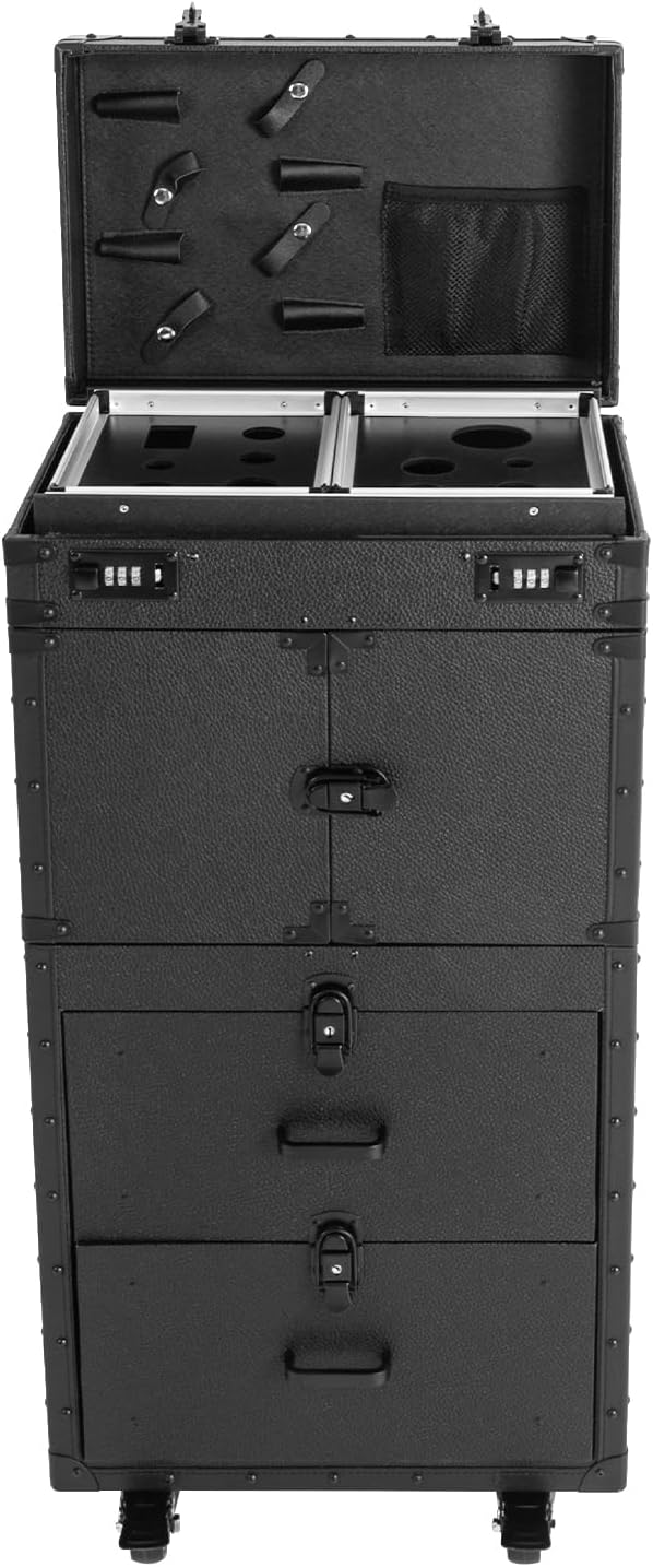 Large Capacity Cosmetic Train Case, Lockable Makeup Train Case with 4 Universal Casters, 32.28 Inch Tall Travel Organizer Tool Box for Barber Stores Beauty Stores Nail Salons