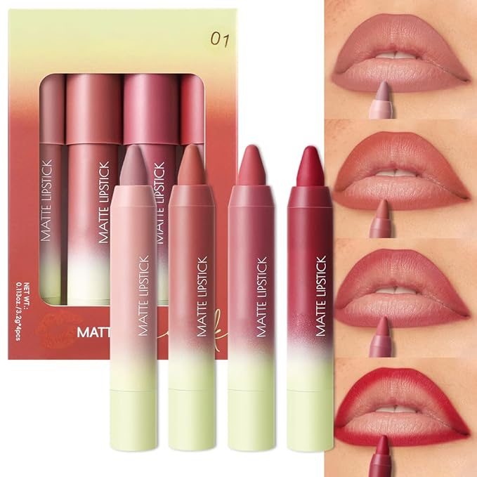4Pcs Matte Lip Lipstick Crayon Lip Liner Thick Pencil, High-Pigment Outline lips, Non-sticky Matte Velvet Texture, Waterproof & Smudge-Proof Longwear Pigmented, Fit for all tones 01# Set