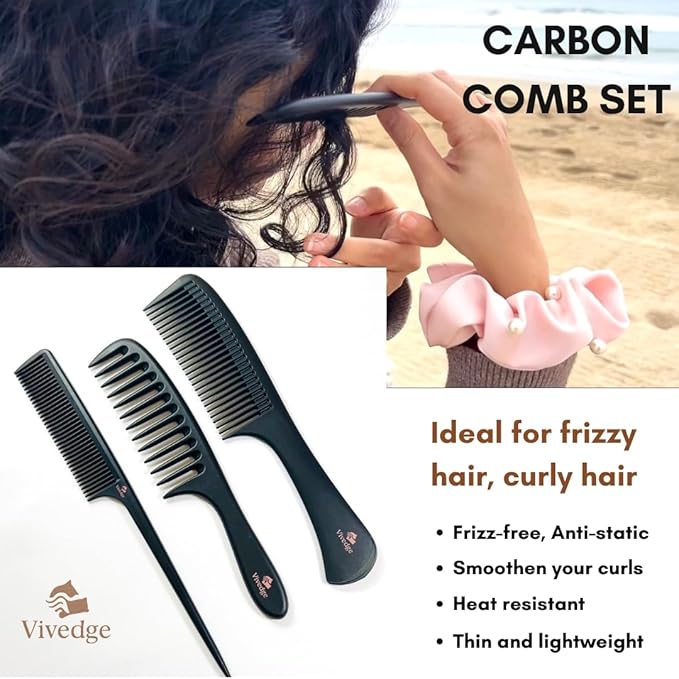 VIVEDGE| Carbon Comb Set for Curly Hair| Anti Static Frizz-free Detangling Wide Tooth Parting Combs with Premium Hair Acccessories for Styling | Gift set for loved ones(Pink-Light Yellow)