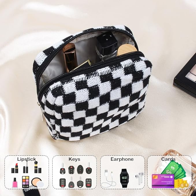 Small Black Makeup Bag for Purse, Mini Checkered Cosmetic Bag Zipper Cute Make Up Pouch Travel Toiletry Bag Quilted Aesthetic Accessories Makeup Storage Bag Organizer for Women Girls