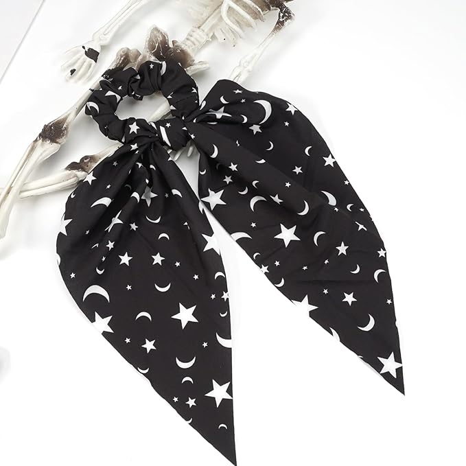 Moon Star Hair Ties for Women Girls Spooky Halloween Hair Scrunchies Black White Hair Tie Ribbon Hair Bows Halloween Party Gifts Hair Accessories