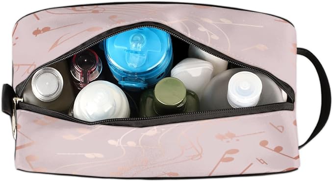 Modern Rose Gold Music Note Travel Toiletry Bag for Women Men Lightweight Cosmetic Makeup Bag Organizer Waterproof Shaving Bag Dopp Kit with Large Capacity for Toiletries and Shaving Accessories