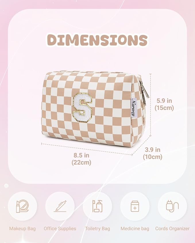 Narwey Birthday Gifts for Women Teen Girls Kids Personalized Initial Checkered Makeup Bag Cute Cosmetic Bag Trendy Stuff 6 8 10 11 12 13 14 16 18 Years Old Travel Toiletry Bag (Brown Letter S)