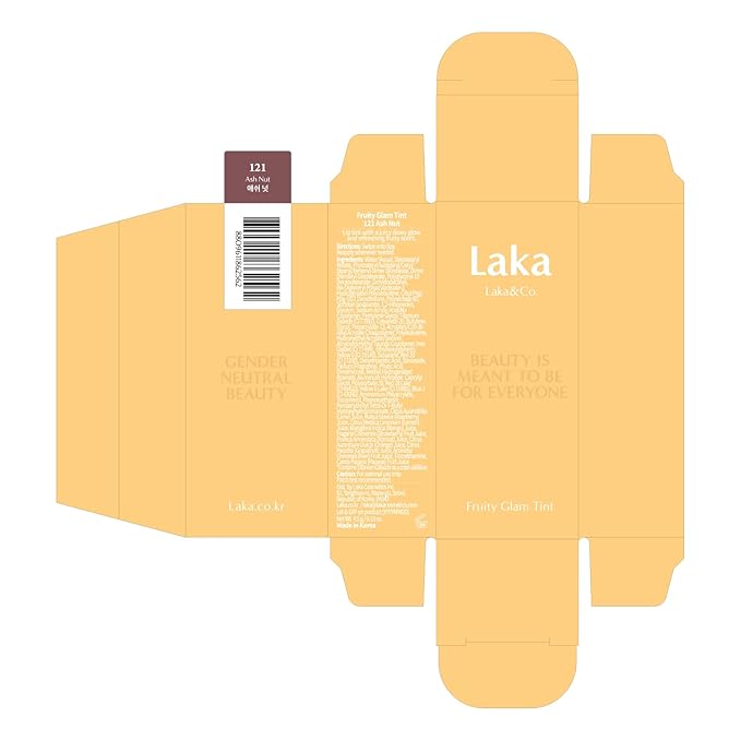 Laka Fruity Glam Tint, Glowing Lip Stain with Wide Color Spectrum, Hydrating & Lightweight Texture, Long-Lasting Bold Stain, Non-Sticky, Vegan, K-Beauty (#121 Ash Nut, 4.5g/0.15oz)