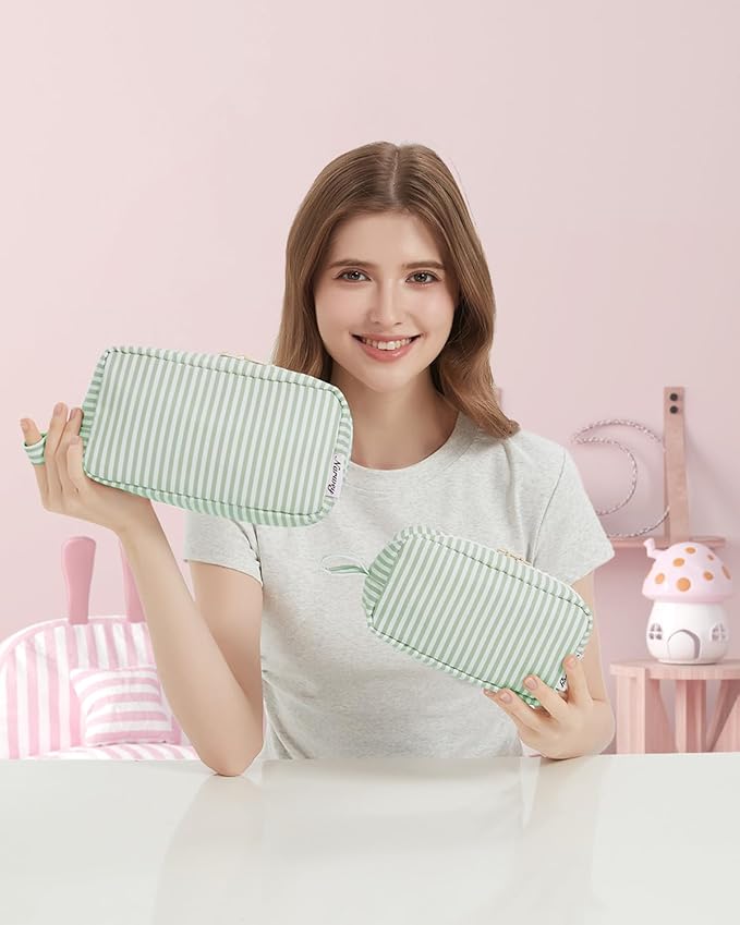 Narwey Small Makeup Bag for Purse Travel Makeup Pouch Mini Cosmetic Bag Zipper Pouch for Women (Mint Green Stripe, Small)
