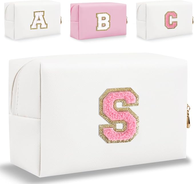 Small Personalized Letter Makeup Bag, Cute PU Leather Chenille Letters Cosmetic Bag Travel Makeup Pouch, Preppy Travel Organizer Zipper Pouch for Women&Girls（WhitePink-S）