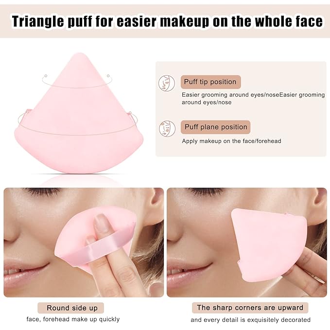 4 facial soft triangle puffs, wet and dry makeup tools, used for powder, mineral powder, body powder, foundation make-up, washable powder puffs (Pink)
