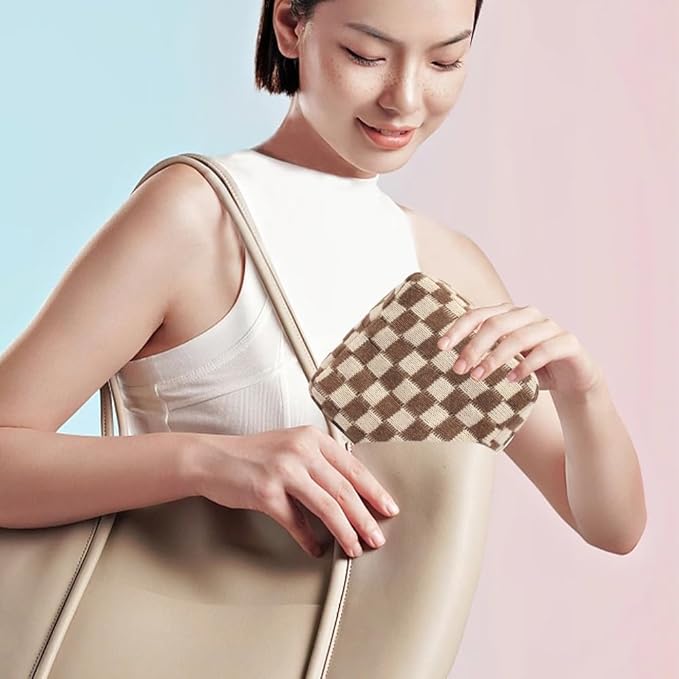 Small Brown Makeup Bag for Purse, Mini Checkered Cosmetic Bag Zipper Cute Make Up Pouch Travel Toiletry Bag Quilted Aesthetic Accessories Makeup Storage Bag Organizer for Women Girls
