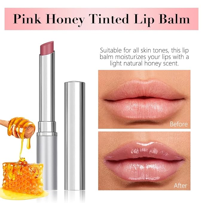 Pink Honey Butter Lipstick Tinted Lip Balm, Shine Moisturizing Plumper Lipstick for Women, Natural Nourishing Hydrating Lip Gloss Stain for Dry Lips, Lightweight Lip Liner Care Makeup, Vegan