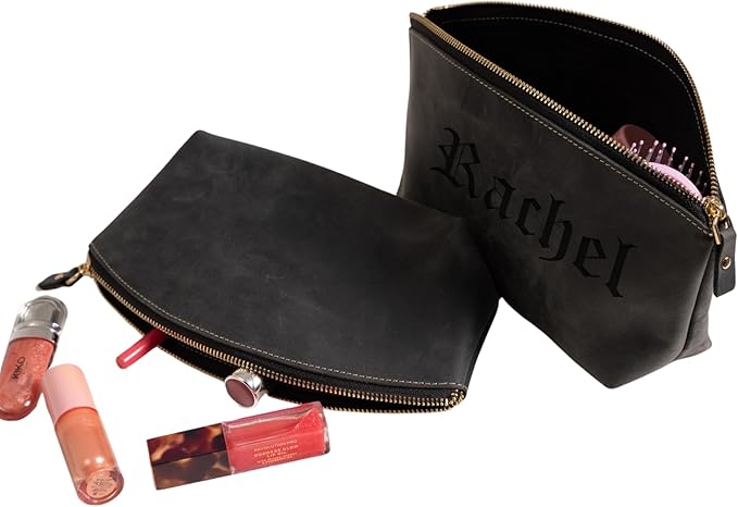Luxury Personalized Leather Makeup Bags Crafted in USA, Full-Grain Leather Cosmetic Bag Engraved Name Initials or Logo, Birthday Anniversary Christmas or Mother Gift, Italian Zipper, Purse for Women