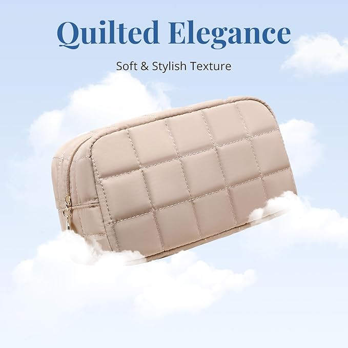 Makeup Bag for Women, Travel Cosmetic Bag Organizer with Compartments, Quilted Puffy Toiletry Pouch for Brushes, Essentials and Accessories, Camel