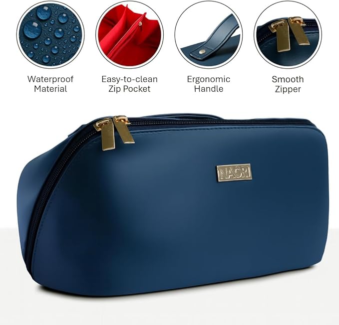 NAORI Travel Makeup Bag for Women | Large Luxury Cosmetic Organizer with Handle & Inner Pockets | Waterproof Leather Toiletry Bag | Makeup Case for Home, Travel & Gifting (Dark Teal)