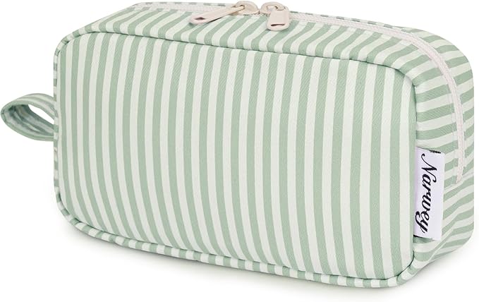 Narwey Small Makeup Bag for Purse Travel Makeup Pouch Mini Cosmetic Bag Zipper Pouch for Women (Mint Green Stripe, Small)