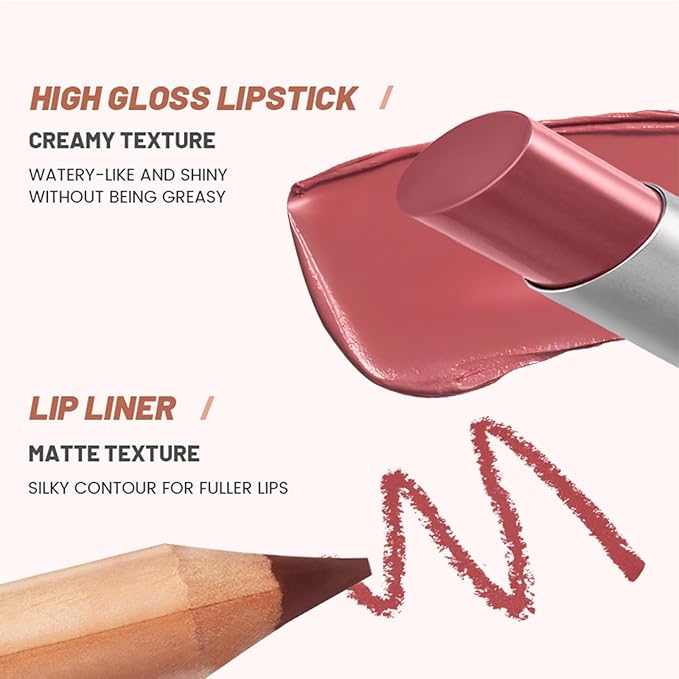 Erinde 2pcs Lip Liner and Lipstick Combo Set, Matte Lipliner Pencil & Hydrating Lip Gloss Makeup Kits for Women, Waterproof, Long Lasting, Highly Pigmented, Nude Brown Natural Lipstick, 02