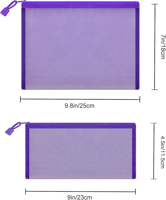 12 Pieces Zipper Nylon Mesh Pouch, Mesh Cosmetic Bags Makeup Bags Pencil Case, Multipurpose Travel Bags for Cosmetic School Office Supplies and Travel Accessories (Purple, A5+B6)