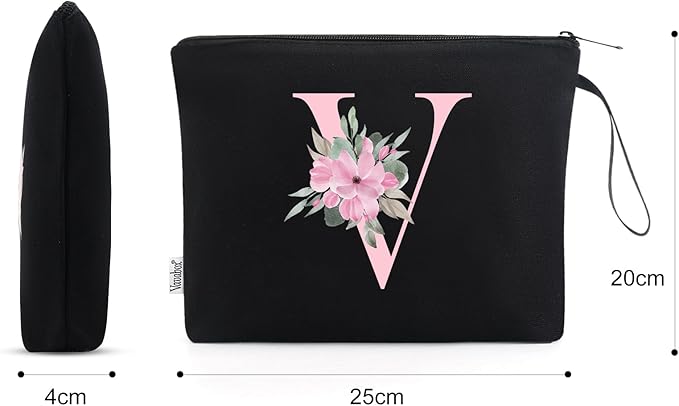 Vavabox A-Z Personalized Makeup Bag, Birthday Gifts for Women Mom, Gifts for Best Friend, Bride Bridesmaid Cosmetic bag (V, Black)