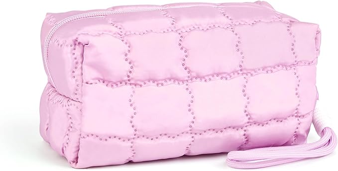 Richeart Makeup Bag Travel Toiletry Bag - Checkered Down Cotton Makeup Pouch for Women with Cosmetic and Pencil, Aesthetic Pink Design, Small