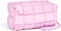 Richeart Makeup Bag Travel Toiletry Bag - Checkered Down Cotton Makeup Pouch for Women with Cosmetic and Pencil, Aesthetic Pink Design, Small
