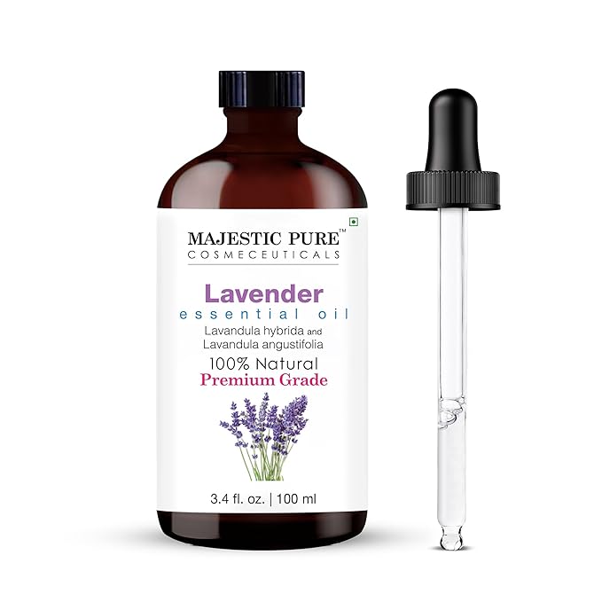 Majestic Pure Lavender Essential Oil with Glass Dropper - 3.4 Fl Oz - 100% Pure and Natural Lavender Oil - Premium Grade Essential Oils for Diffuser, Aromatherapy, Soap and Candle Making