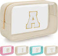 Personalized Initial Clear Makeup Bag, Travel Chenille Patch Cosmetic Bag, Preppy Toiletry Bag Monogram Cosmetic Pouch with Zipper, Ideal Gift for Teen Girls Women (Clear-Beige, A)