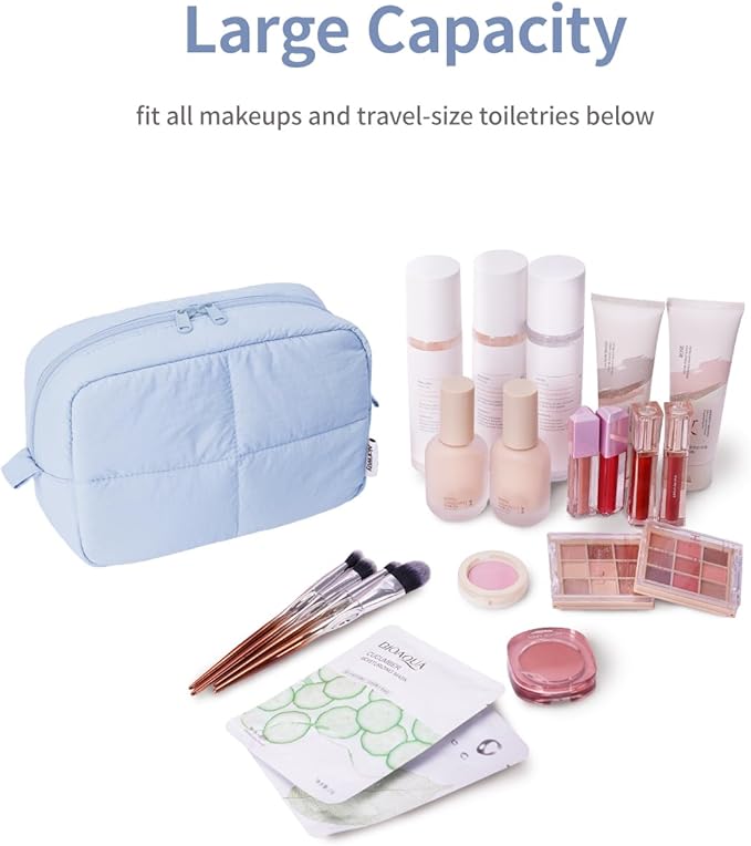 Narwey Puffy Makeup Bag for Travel Women Girl, Quilted Makeup Bag Cosmetic Bag, Cute Puffer Make Up Organizer Bags, Travel Toiletry Bag Toiletries (Blue)