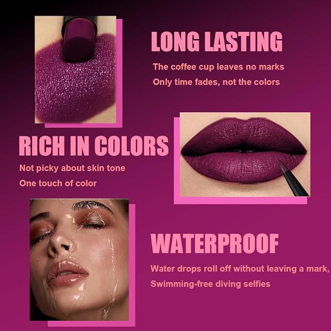 AMY'S DIARY 2Pcs Deep Purple Lipstick and Lip Liner Combo, Lip Liner and Lip Stick Kit for Women, Matte Lip Pencil and Smooth Hydrating Lipstick, Non-Stick Lip Makeup Set (08#Deep Plum Purple)