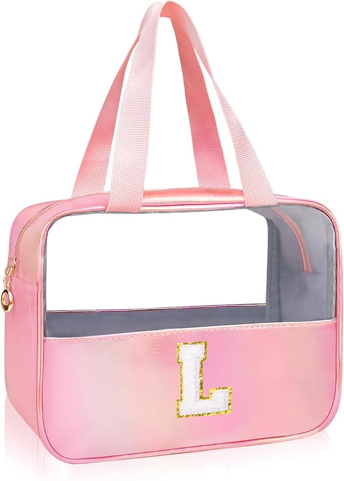 Personalized Initial Clear Makeup Bag Pink Cosmetic Bag Set Large Travel Toiletry Bag, Cute Clear Make Up Bags Organizer Bag for Girlfriend Teacher Gifts Teen Girl Gifts Trendy Stuff L (Pink)
