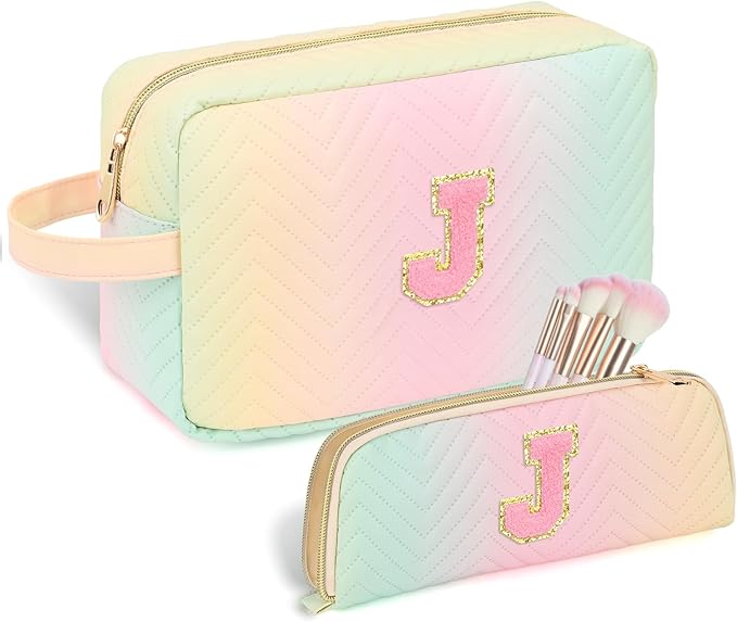Personalized Initial Makeup Bag Trendy Stuff Leather Waterproof Cosmetic Bag Travel Toiletry Bag, Christmas/Thanksgiving/Halloween Gifts Makeup Organizer Case for Women Girls Mom Girlfriend Wife